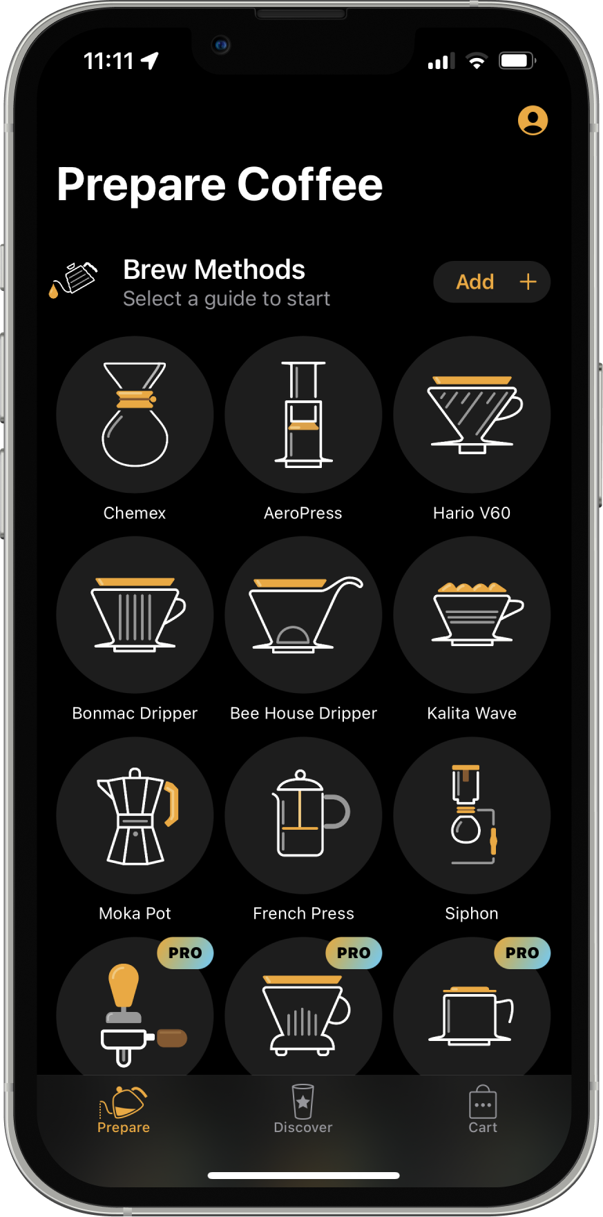 An image of the phone showing the main Filtru screen with a list of brewing methods