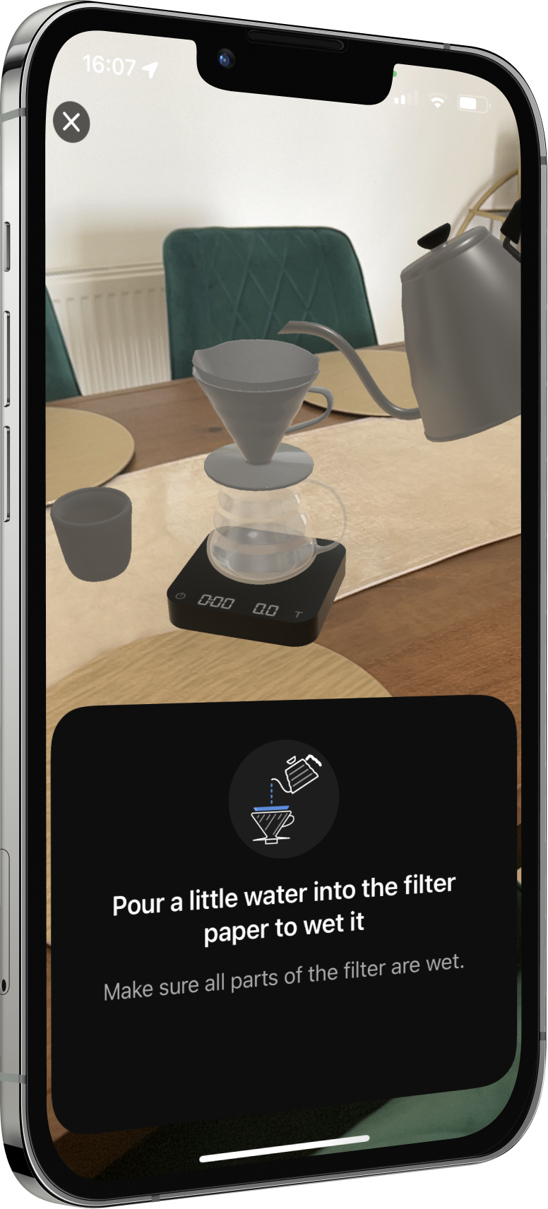 An image of the phone showing the Filtru Augmented Reality tutorial screen